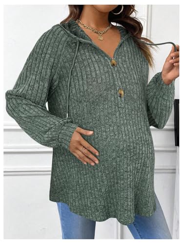 BEAUDRM Women's Maternity Half Button Sweatshirts Long Sleeve Ribbed Knit Pregnancy Shirt Spring Clothes - color: Olive Green, size: Small