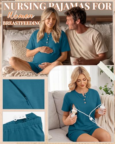 Maternity Nursing Pajama Set - color: Blue Green, size: Small