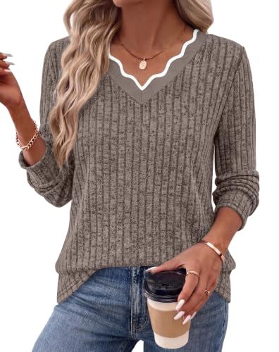WIHOLL Long Sleeve Womens Shirts Lightweight Fall Tunic Top V Neck Sweaters - color: 01-khaki, size: XX-Large