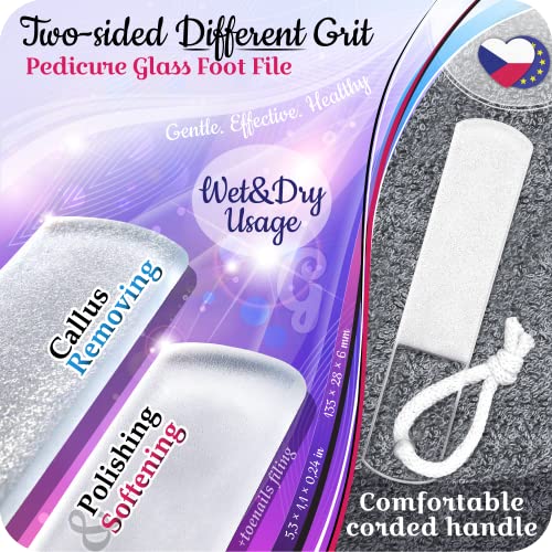 GLADZY Czech Glass Foot File Callus Remover – Double Sided Etched, Different Grit Coarse & Fine Surfaces for Hard Skin & Cracked Heels, Professional Pedicure Tool, Washable Reusable, Made in EU - color: Medium