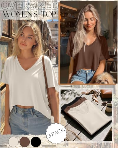 Huukeay 3 Pack Women's Oversized V Neck T Shirts - color: Cream, Coffee, Black, size: Small