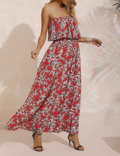 ZMPSIISA Womens Summer Off Shoulder Maxi Dress Strapless Boho Long Dresses - color: A-flower Red, size: Medium