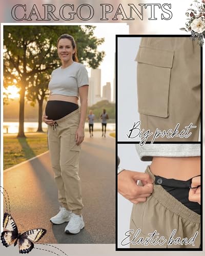 Cutecrop Womens Maternity Cargo Joggers Over The Belly Pregnancy Sweatpants Quick-Dry Causal Stretch Scrub Pants with Pockets - color: Khaki, size: Large