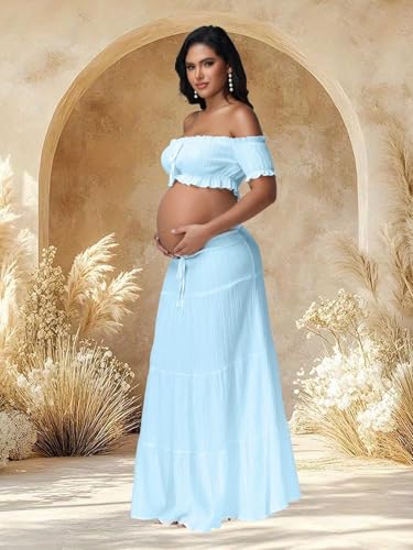 Maternity Boho 2 Piece Outfits Dress for Photoshoot Baby Shower - color: Sky Blue, size: Medium