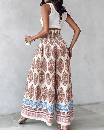 CHICME Womens Boho High Waisted Wide Leg Palazzo Pants Beach Vacation Wear - color: Pink, size: Small
