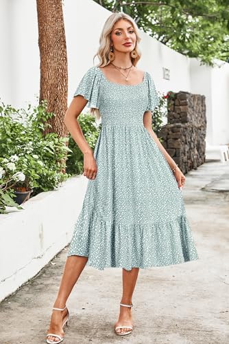 AUSELILY Women's Summer Smocked Short Sleeve Midi Dress 2026 - color: Green Spot, size: Large