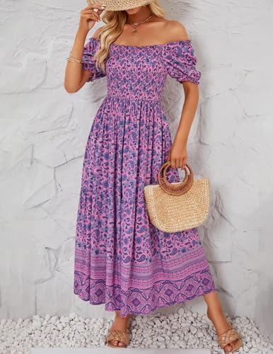 ZESICA Womens 2026 Summer Boho Floral Ruffle Maxi Dress - color: Purple, size: X-Large