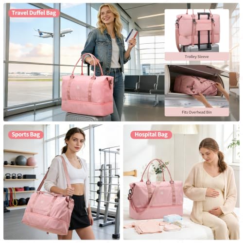 OIWAS Weekender Bags for Women, Travel Duffel Bag with Shoe Compartment - color: Pink B
