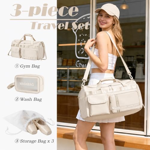 MAXTOP Large Gym Bag for Women Men Duffle Bag With Wet Dry Separation - color: Beige Set, style: Gym Bag&toiletry Bag(45l)