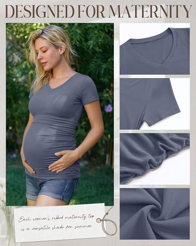 Neer 4 Pack Women's Maternity Shirts Short Sleeve - color: Black, Light Heather Gray, White, Light Blue, size: Large
