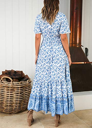R.Vivimos Womens Summer V Neck Floral Print Boho Midi Dress - color: White, size: X-Large