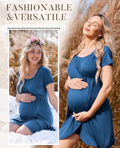 Nursing Nightgown Short Sleeve Breasfeeding Birthing Gown Maternity Dress - color: Blue, size: Large
