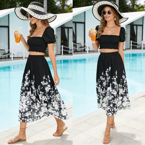 OBBUE Women's Chiffon Pleated Skirt A-line Skirts - color: Black White Flower, size: XX-Large