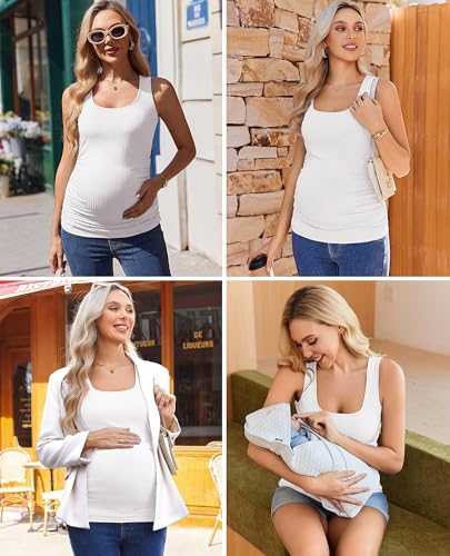 Ekouaer 4 Pack Maternity Tank Tops Ribbed Pregnancy Clothes Summer Outfit - color: Black/Light Grey/Brown/White, size: Medium