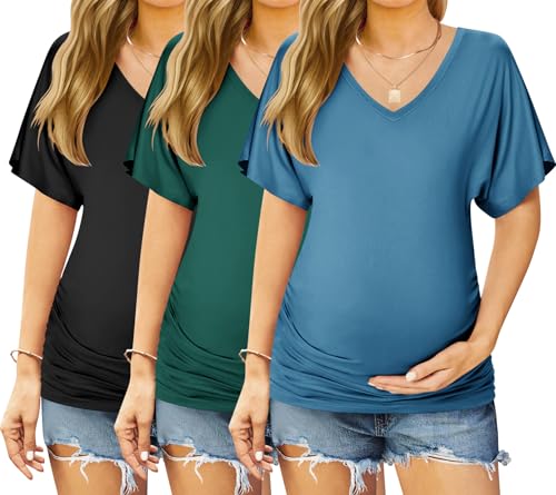 Ekouaer 3 Pack Maternity Shirts V Neck Pregnancy Tops Tunic Blouse Summer - color: Green/Teal/Black, size: Medium