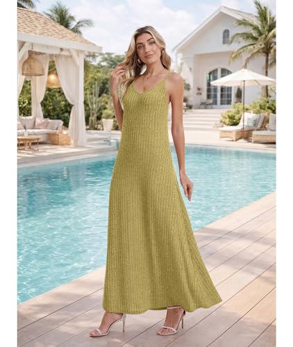 LILBETTER Women's Summer Maxi Dress Casual Flowy Spaghetti Strap Beach Long Dresses with Pockets - color: Ginger, size: X-Large