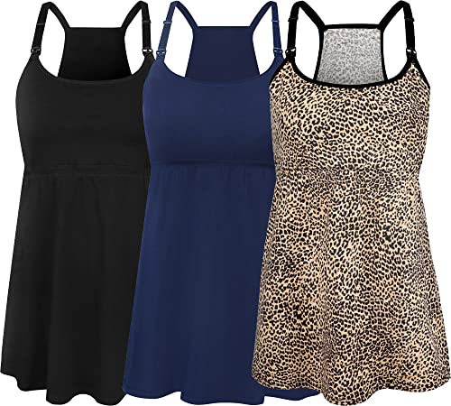 SUIEK 3-Pack Cotton Maternity Nursing Tank Tops Breastfeeding Cami Shirts - color: A-black+navy+leopard - Fourth Style, size: Large