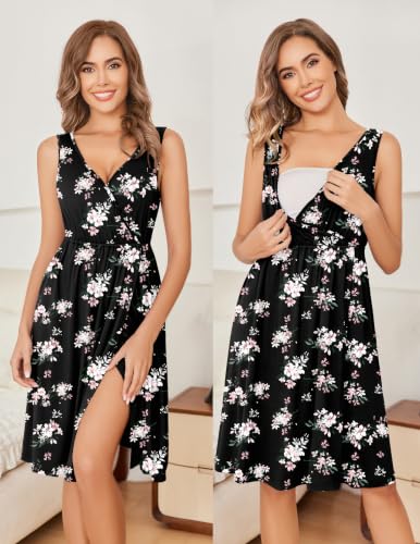 Ekouaer Maternity Nursing Gown and Robe Set Labor Delivery Nightgowns - color: Black Pink Flower, size: Medium