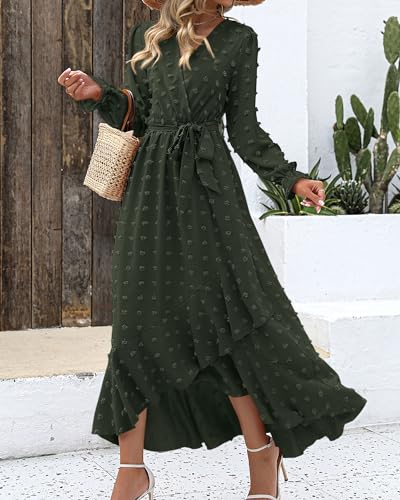 BTFBM Long Sleeve Maxi Dresses for Women Summer - color: Army Green, size: Large