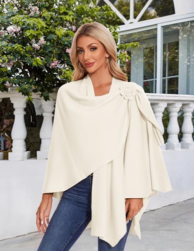 PULI Women Elegant Cross Front Floral Shawl Wraps Poncho Fall Winter - color: Ivory White