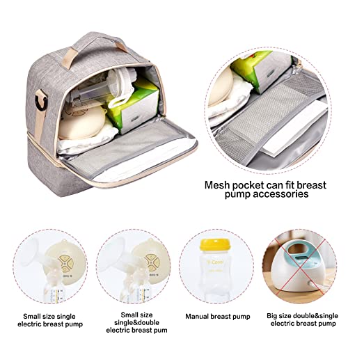 Breast Pump Bag Cooler Compartment Moistureproof Bag Double Layer for Mother Breast Milk Pump Lunch Bag Outdoor Working (Grey) - color: Grey