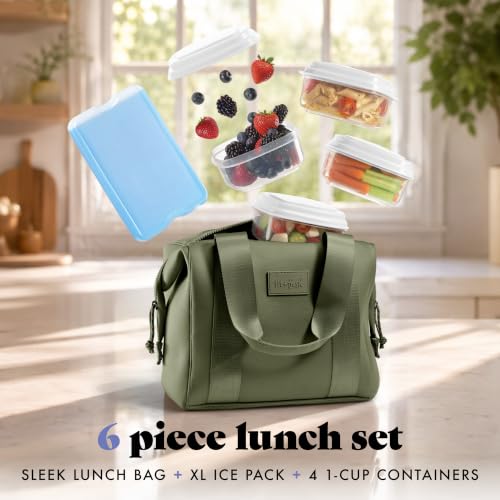 Fit & Fresh Remi Neoprene Lunch Bag for Women w/Ice Pack & Containers - color: Olive Green, size: One Size