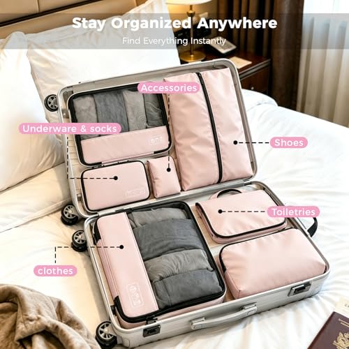 Compression Packing Cubes for Carry On Travel, 8-Piece Luggage Organizers - color: Pink-8 Set