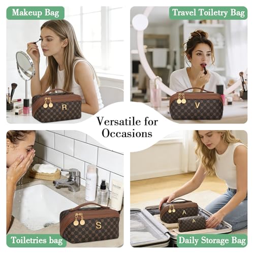Initial Makeup Bag Personalized Gift for Women Teen Girls - color: Coffee, style: E