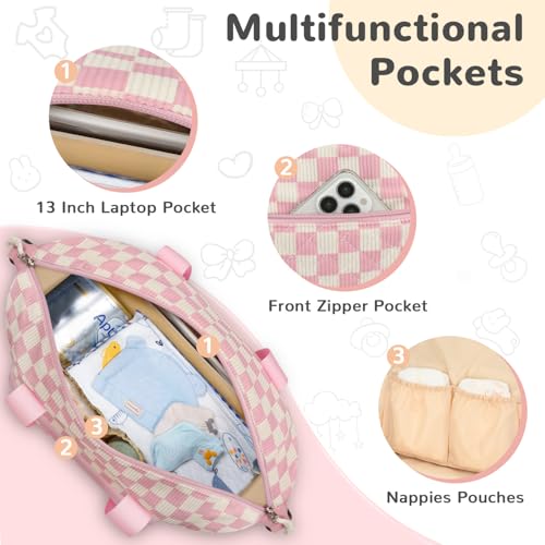 Tenot Diaper Bag Tote, Baby Bag with Pacifier Case, Pink Checkered - color: Pink Checkered