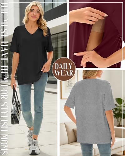 4 Pack Women's Oversize Nursing Tops - color: Wine Red, Khaki, Light Gray, Black, size: XX-Large