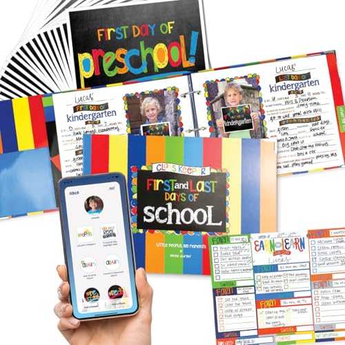 Class Keeper® School Memory Book + First & Last Day Photo Signs | Digital Memory App Included - color: Set: Primary Stripes Class Keeper + Primary Text Signs