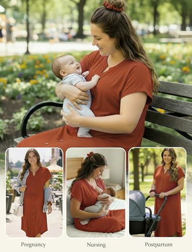 PATPAT Maternity Nursing Dress, Womens Button-Down Midi Dress with Pockets - color: Burnt Orange, size: X-Large