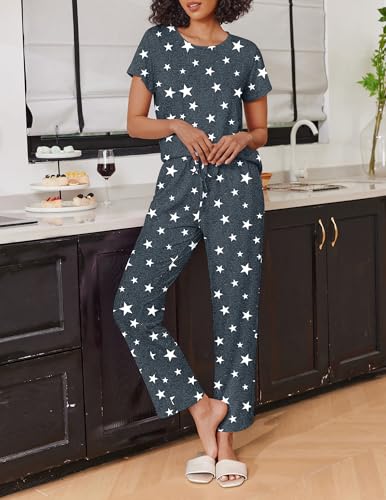 Ekouaer 2 Pack Womens Pajama Set Short Sleeve Top and Printed Pants Soft Pj - color: Black/Grey Star, size: XX-Large