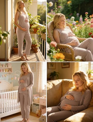 SWOMOG Maternity Nursing Robe Set 3 PCS Postpartum Breastfeeding Pajamas Hospital Pregnancy Pjs Double Layer Lounge Set - color: Light Brown, size: X-Large