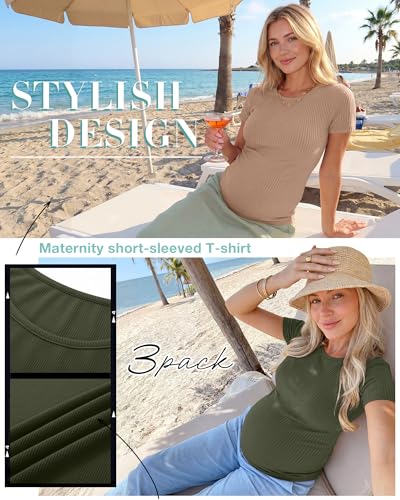 Ficerd 3 Pack Women's Maternity Shirts Short Sleeve Ribbed Pregnancy Tops Crew Neck Basic Tees Summer Mama Clothes - color: Khaki, Army Green, Black, size: Large