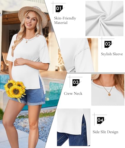 Ekouaer Maternity Shirts 3 Packs Short Sleeve Split Side Pregnancy Tops - color: Black/Navy Blue/White, size: Small