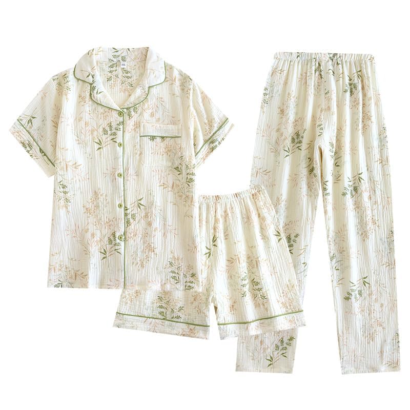 codcm Womens 3pcs Cotton Pajamas Set Short Sleeve Sleepwear Fruit Print Cute Pj Set with Long Pants - color: Flower04, size: Small