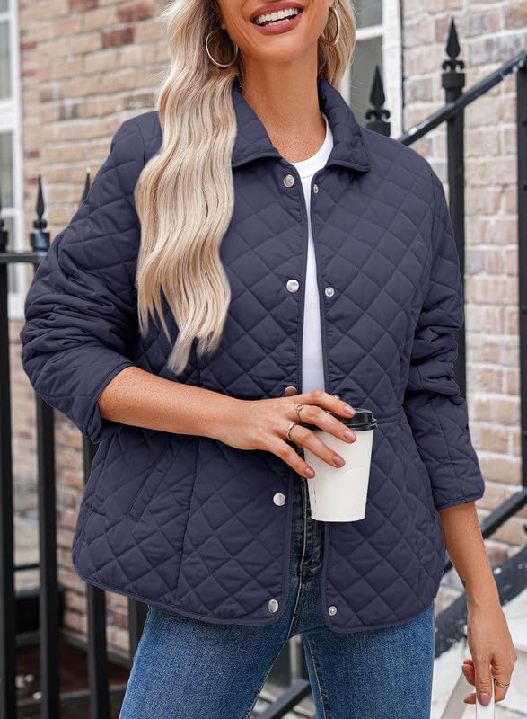 Dokotoo Women's Winter Quilted Jackets Long Sleeve Button Down Diamond Puffer Jacket Outerwear Coats with Pockets - color: Blue, size: Small