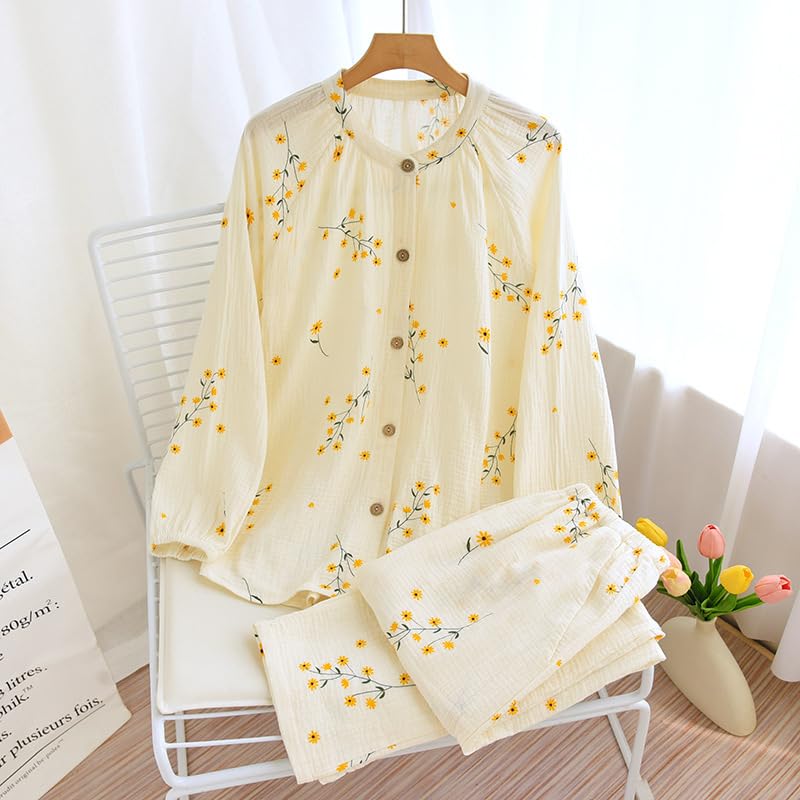 codcm Womens Cotton Gauze Pajama Sets Muslin Pj Set Crew Neck Button Down Sleepwear 2 Piece Lounge Set - color: Beige Flower, size: Large