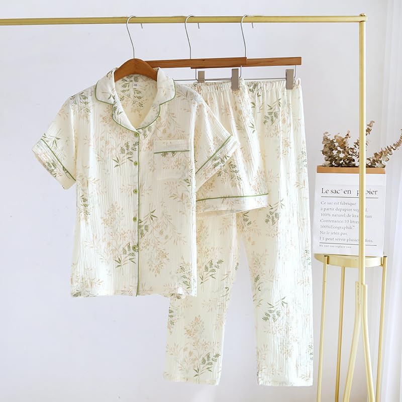 codcm Womens 3pcs Cotton Pajamas Set Short Sleeve Sleepwear Fruit Print Cute Pj Set with Long Pants - color: Flower04, size: X-Small