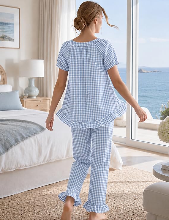 Gingham Cotton Pajamas for Women 2 Piece Cute Ruffle Plaid PJS Set Lounge - color: Blue, size: X-Large