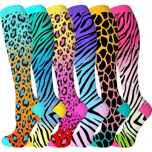 bropite Compression Socks For Women&Men,6 Pairs 20-30 mmHg Knee-High Socks - color: 14-6-leopard-print, size: Small-Medium
