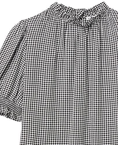 Amazon Essentials Women's Fluid Twill Short Puff Sleeve Ruffle Smock Detail Blouse - color: Black White Mini Gingham, size: Small
