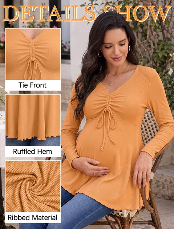 Genhoo Womens Long Sleeve Maternity Tops Ribbed V Neck Maternity Shirts - color: Caramel, size: Large