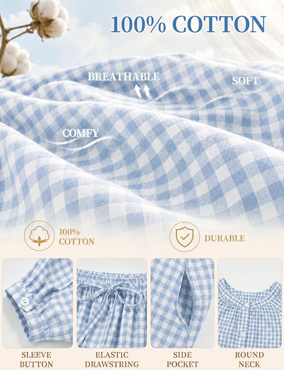 Gingham Cotton Pajamas for Women 2 Piece Cute Ruffle Plaid PJS Set Lounge - color: Blue, size: X-Large