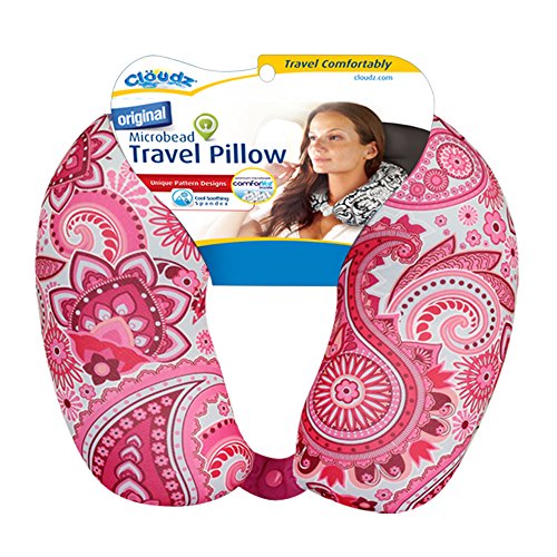 Cloudz Patterned Microbead Airplane Travel Neck Pillow. Customize Your Comfort and Support While Traveling on a Plane, Car, Bus or Train! - Blue Print - color: Pink Print