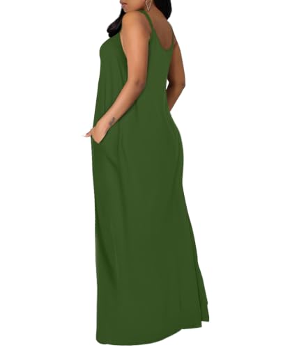 OFEEFAN Women's Maxi Dresses Summer Spaghetti Strap Dress with Pockets - color: Ae- Army Green, size: Medium