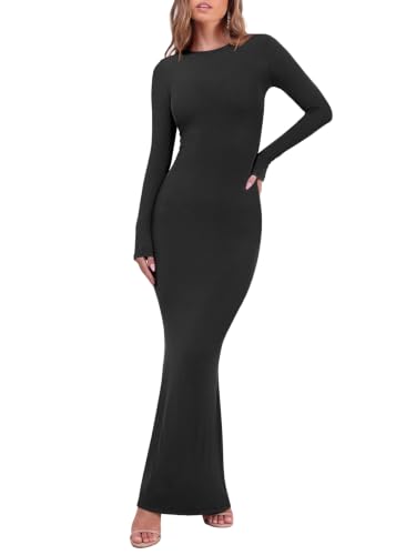 REORIA Women's Long Sleeve Ribbed Bodycon Maxi Dresses - color: Black, size: Medium