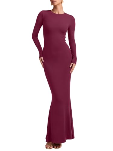 REORIA Women's Long Sleeve Ribbed Bodycon Maxi Dresses - color: Burgundy, size: X-Small