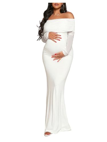 MakeMeChic Women's Maternity Dresses Off The Shoulder Ruched Long Sleeve Pregnancy Maxi Dresses